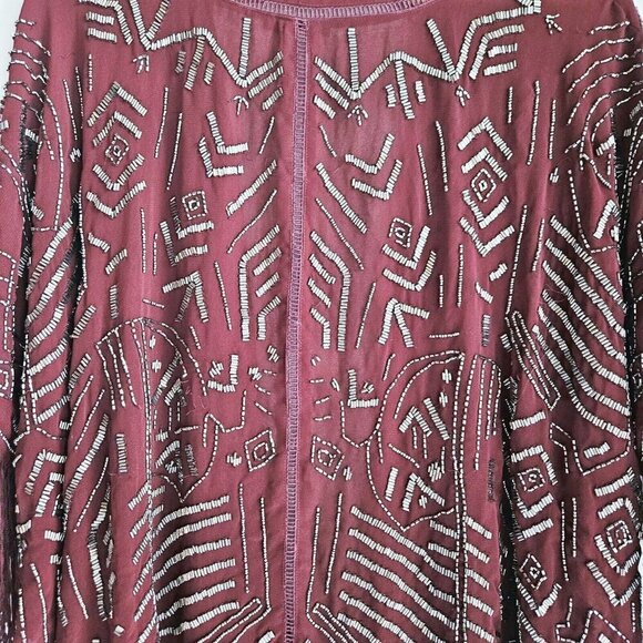 Willow Clay Burgundy Beaded Fringe Detail Sheer Jacket S - Picture 9 of 12